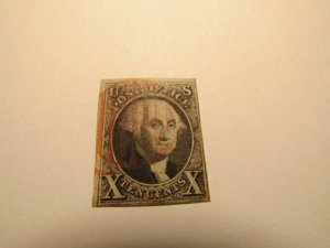 USA Stamp, Scott #2, Used XF 10¢ Washington - Beautiful Red Grid Cancel