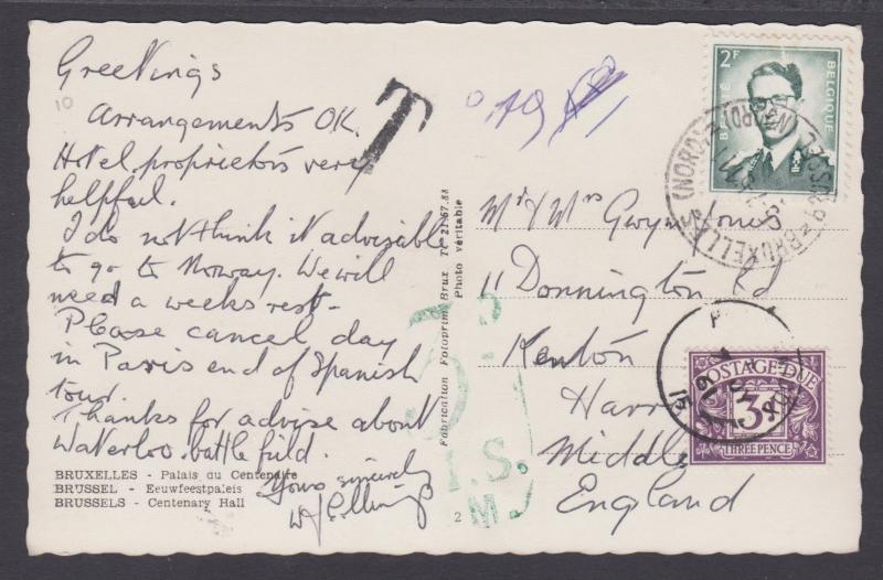 Belgium Sc 453 on 1961 POSTAGE DUE PPC to England, VF