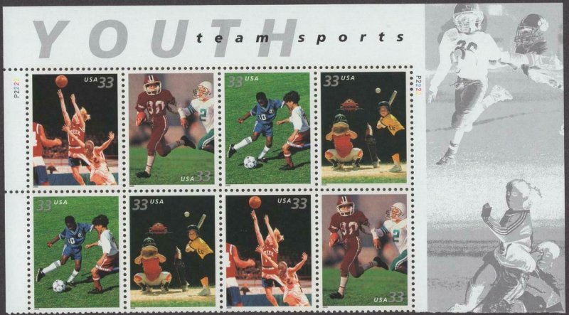 Scott # 3399-3402 -Top Plate Block Of 8 - Youth Team Sports - MNH - 2000