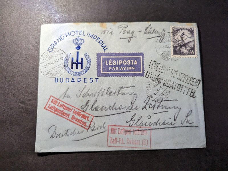 1934 Hungary Airmail Cover Budapest to Glauchau Germany Grand Hotel Imperial