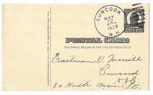 Suncook to Concord, New Hampshire 1909 Postal Card Scott UX20