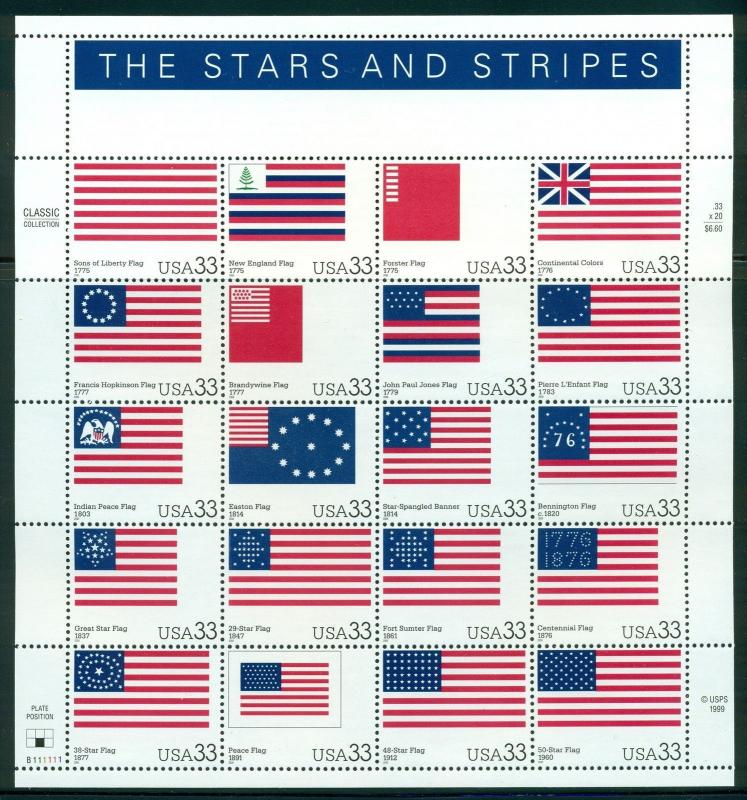 3403 The Stars and Stripes Flags Sheet of 20 33¢ Stamps 