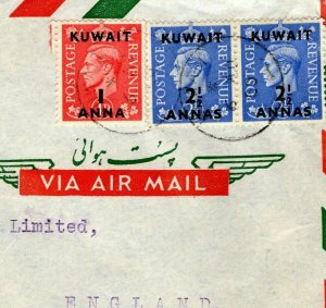 Gulf States KUWAIT Cover KGVI GB Overprints 6a Rate Air Mail 1950 Wisbech O198a