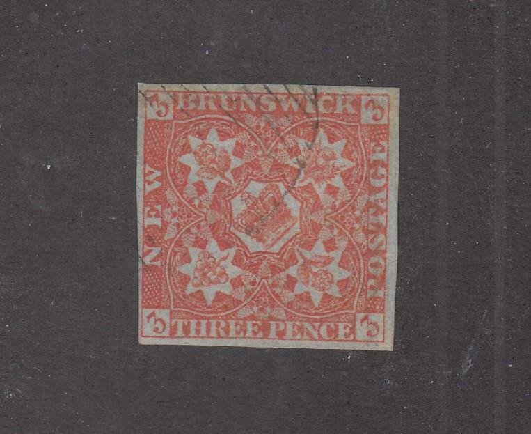 NEW BRUNSWICK # 1 3d RED IMPERF VERY FAINT GRID CANCEL CAT VALUE $700(NB22)