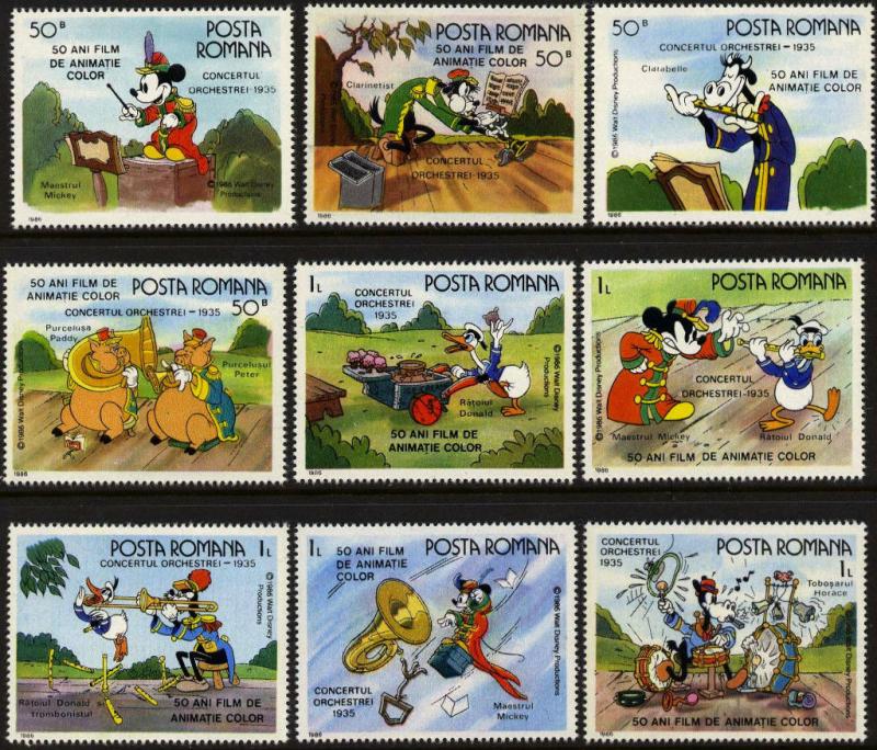 Romania 3357-65 MNH Disney, Animation, Music, Band Concert