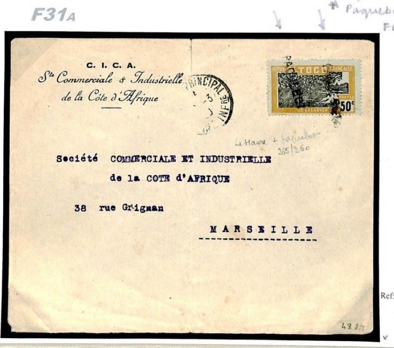 France Cols TOGO Cover LE HAVRE *PAQUEBOT* Cancel Postmark MARITIME 1930 F31a