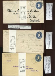 30 1886/99 Plimpton and Morgan 5c Envelopes Used to France and England w/Better!