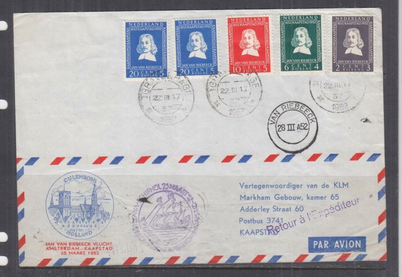 NETHERLANDS, 1952 Van Riebeeck First Flight cover to South Africa & return.