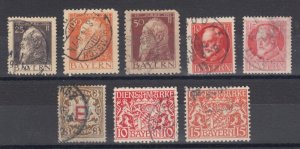 Bavaria Sc 81,82,84,98,100,O1,O10,O12 used. 1908-1920 issues, 8 different, F-VF