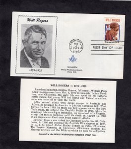 1801 Will Rogers, FDC Masonic cachet