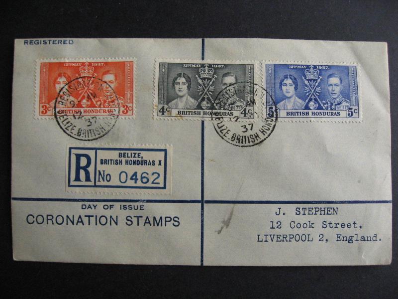 British Honduras 1937 coronation set Sc 112-14 registered FDC to Britain 