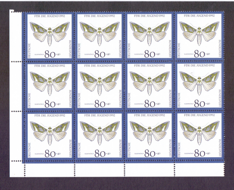 Germany  #B730  MNH 1992 endangered butterflies 80 Pf cornerblock of 12 stamps