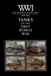 SAINT KITTS 2014 - 100TH ANNIVERSARY OF WORLD WAR I -TANKS SHEET OF 4 STAMPS MNH