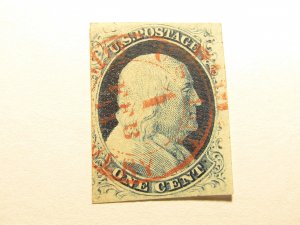 US STAMPS, Scott #9, RED NY City Deliver PAID Carrier Cancel, USED 1851, SCV$215