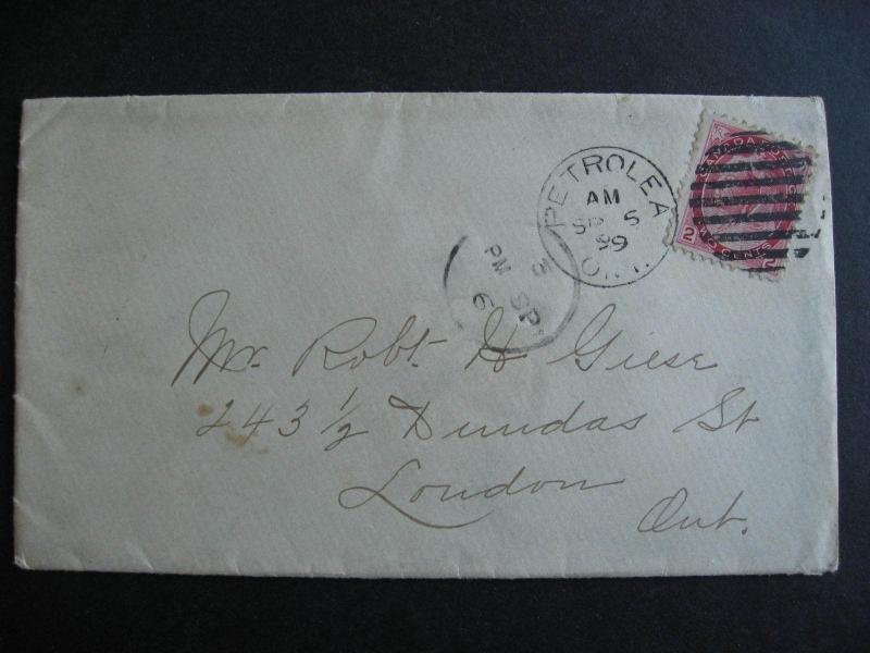 CANADA Sc 77 2c QV on 1899  unbroken wax seal Petrolea - London envelope! 