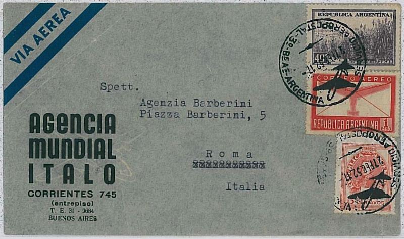 AIRPLANES - ARGENTINA - Postal History : AIR MAIL COVER to ITALY - 1952