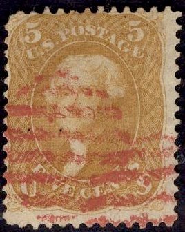 US Stamp #67 5c Buff Jefferson USED w/ +$60 Red Cancel SsCV $810