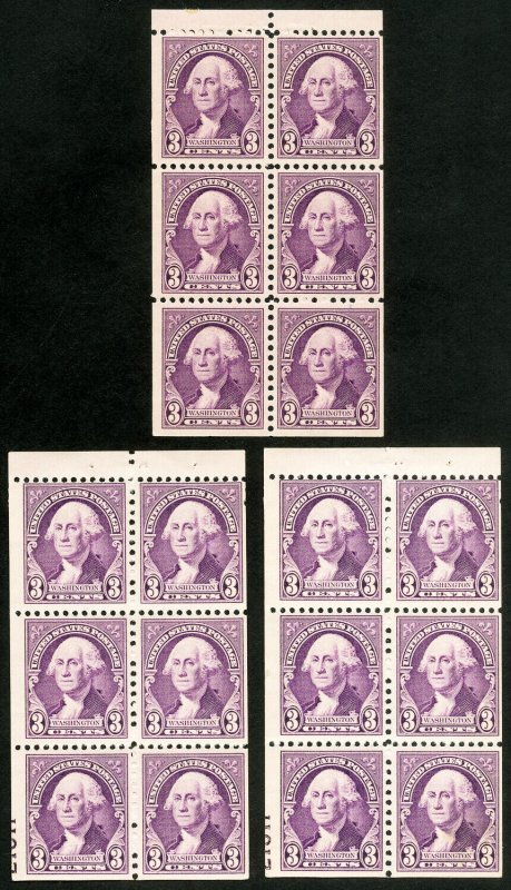 US Stamps # 720b MNH VF Lot Of 3 Pristine Booklet Panes Scott Value $180.00