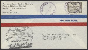 1947 Newfoundland PanAm Flight Cover Gander to New York Insert