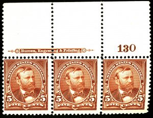 U.S. #255 MINT PL# STRIP OF 3 OG VLH