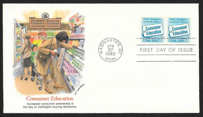 UNITED STATES FDC 20¢ Consumer Education COIL PAIR 1982 Fleetwood