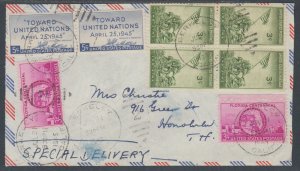 US Sc 927, 928, 929 on 1945 Air Mail Special Delivery Cover to Honoliulu, Hawaii