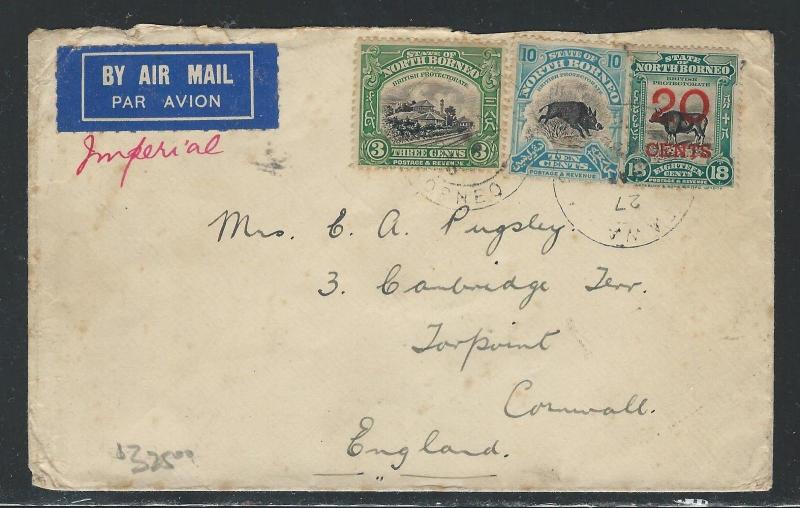 NORTH BORNEO (PP0204B) 1935 3C TRAIN+10C BOAR+20C/18C COW TO ENGLAND