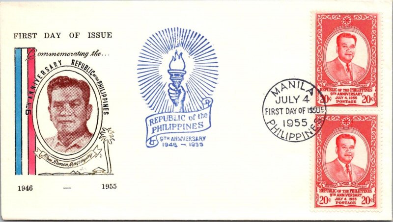 Philippines FDC 1955 - 9th Anniversary of RP - 2 x 20c Stamp - Pair - F43123