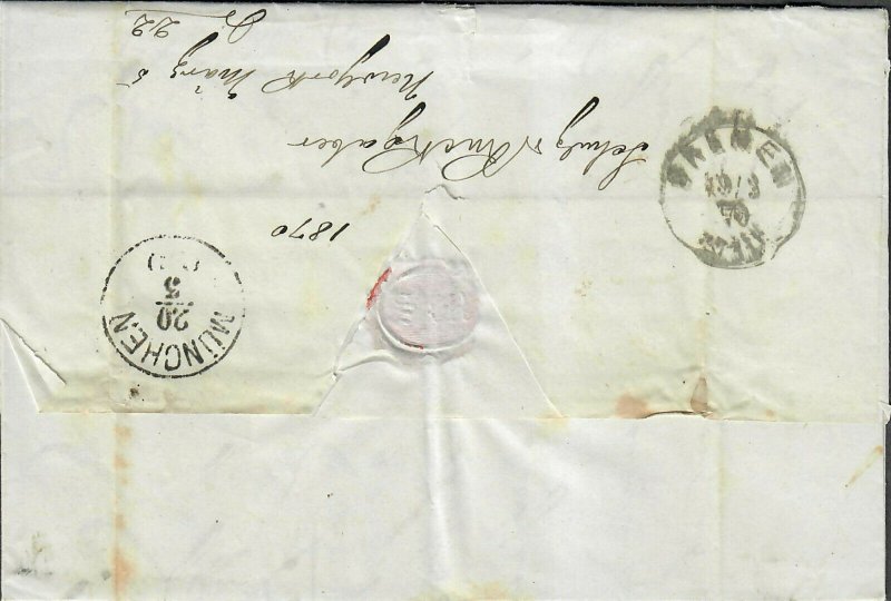 Transatlantic Ship Stampless Cover 1870 New York To Mittenwald Germany