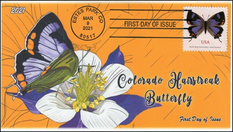 21-058, 2021,Colorado Hairstreak, First Day Cover, Estes Park CO, Butterfly,  