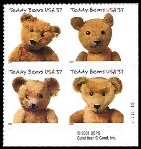 SCOTT  3653-56  TEDDY BEARS  37¢  PLATE BLOCK  MNH  SHERWOOD STAMP