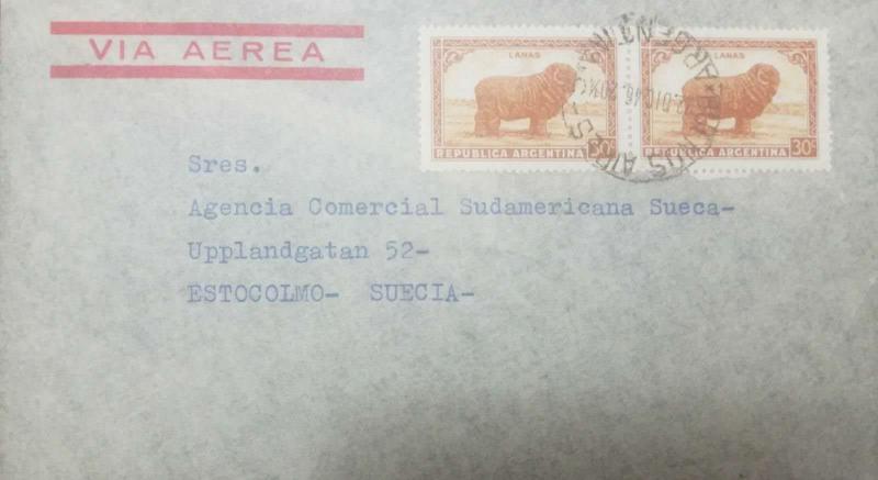 O) 1946 ARGENTINA, AIRMAIL, MERINO SHEEP - WOOL- SCOTT A142 30 C. , TO  STOCKHOL 