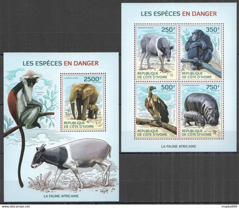 IC09 2014 IVORY COAST AFRICAN FAUNA ENDANGERED SPECIES ANIMALS #1619-2+BL211 MNH