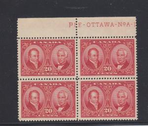 CANADA # 148 VF-MNH 20cts PLATE BLOCK MLH IN SELVEDGE CAT VALUE $400