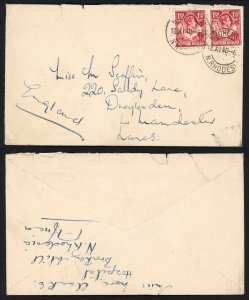 Northern Rhodesia SG29 KGVI 1 1/2d Carmine-red x 2 on Cover to England