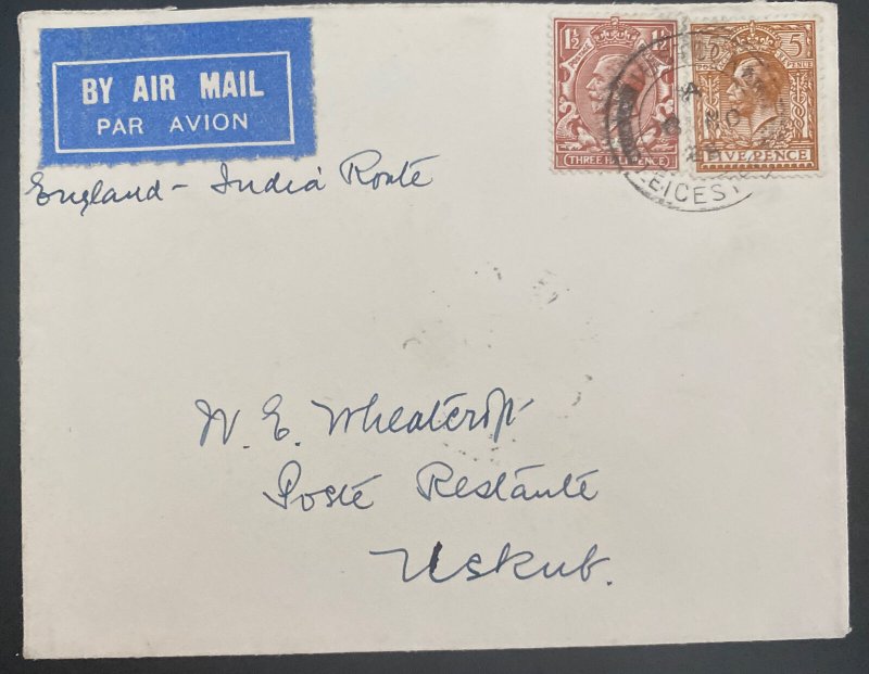 1929 Leicester England First Flight airmail Cover FFC To Skopie Yugoslavia