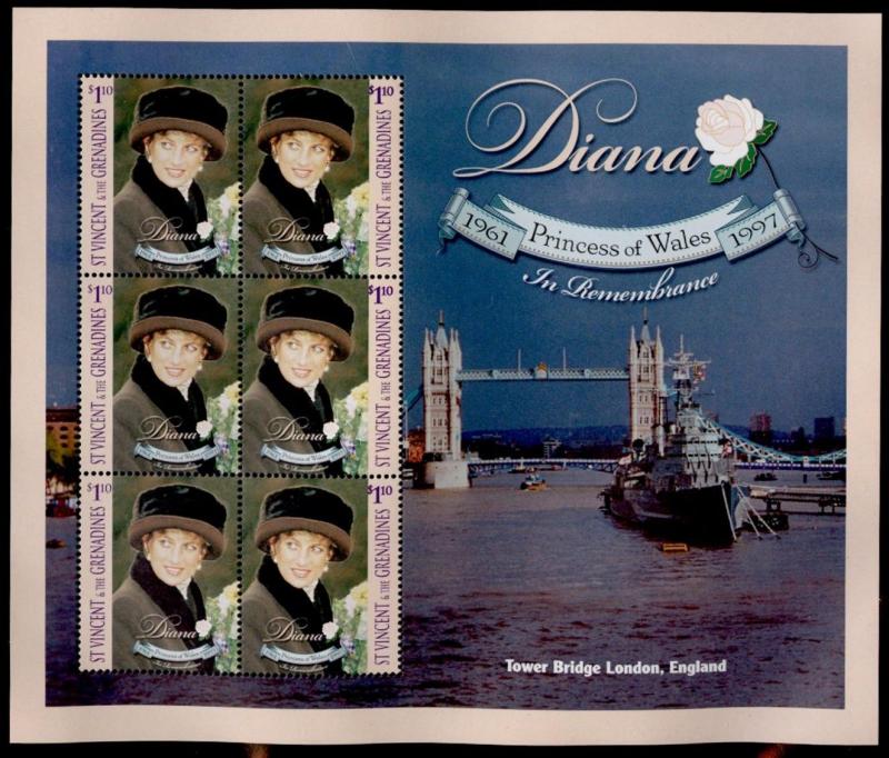 St Vincent 2629 sheet MNH Princess Diana, Flowers, Tower Bridge, Warship