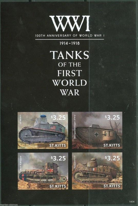 ST. KITTS WORLD WAR I TANKS IMPERFORATE SHEET OF FOUR  MINT NH  1st TIME OFFERED