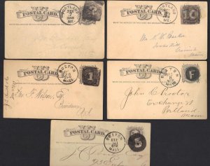 US 1870-80's 5 POSTAL CARD WITH FANCY NUMERAL CANCELS BOSTON MASS & PORTLAND ME