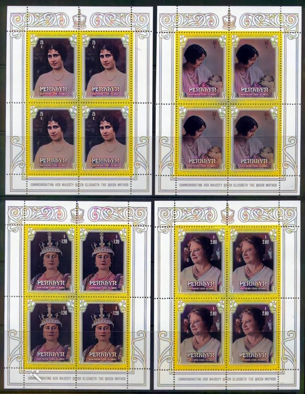 Penrhyn Island 1985 Sc#319/322 QUEEN MOTHER 85th.BIRTHDAY Sheetlets of 4 MNH