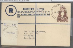 New Zealand  1956 QE II 9c reg. env. used from Roto Roa Island to Trinidad, arrival cancel reverse