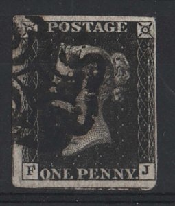 GB 1840 1d black plate 9 FJ fine used, black MX, 3 huge margins, 4th close, ti