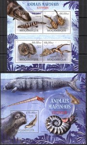 Mozambique 2012 Extinct Marine Life Fishes Turtles Seals Sheet + S/S MNH