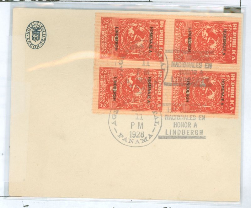 Panama 256 1928 Hotel Tivoli letterhead with a block of 4 stamps.  Lindbergh celebration after arriving in Panama 1-11-1928.