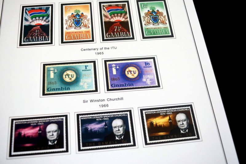 COLOR PRINTED GAMBIA 1869-1965 STAMP ALBUM PAGES (12 illustrated pages)