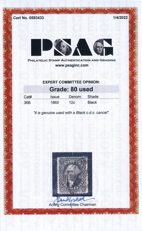 US Scott #36B Used, VF, PSAG (Graded 80)