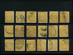 ?Various cancels on 18 x 3 cent SMALL QUEENS used Canada