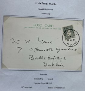 1960 Canada Cup Ireland Special Hand stamp Postcard Cover To Dublin