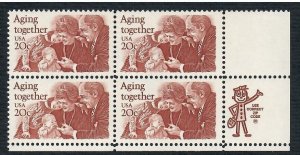 US # 2011 , Aging Together , VF OG NH L/R Zip Block of 4 - I Combine S/H