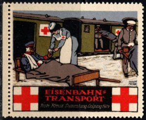 1914 Germany WW I Poster Stamp Railway Transportation Leipzig Red Cross Fund